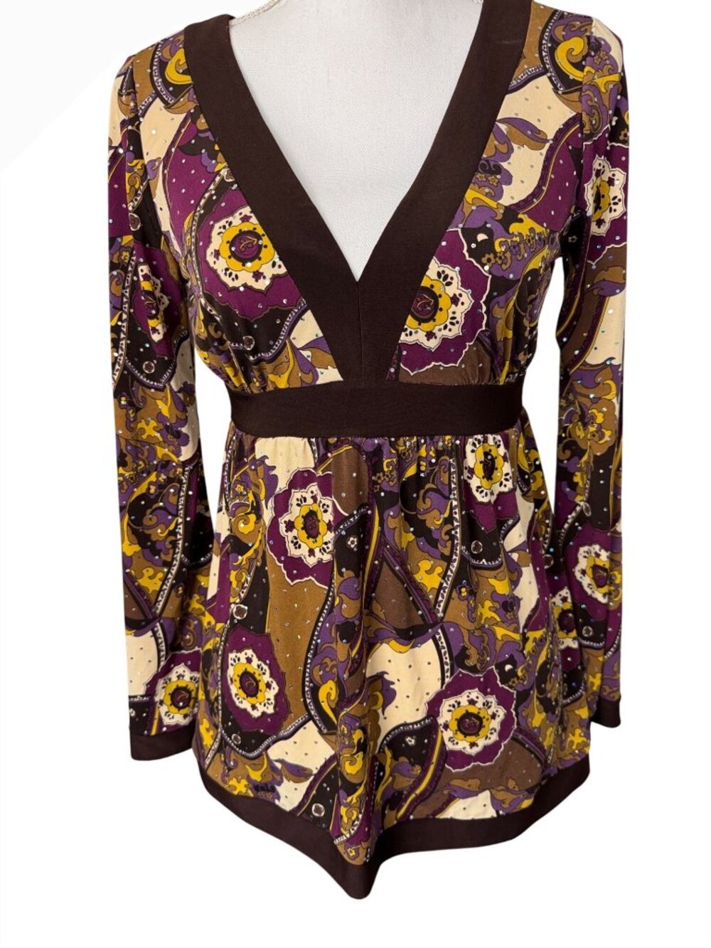 INC S Petite Boho-Inspired Floral V-Neck Long Sleeve Tunic Brown/Multicolor